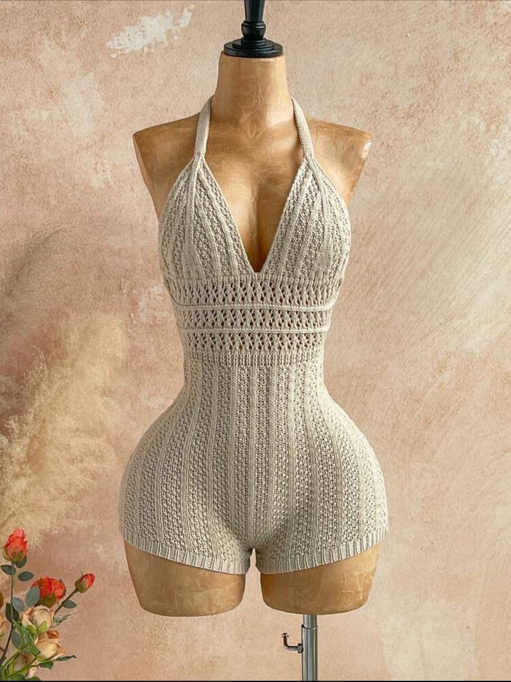 Beige Crochet Halter One-Piece Romper